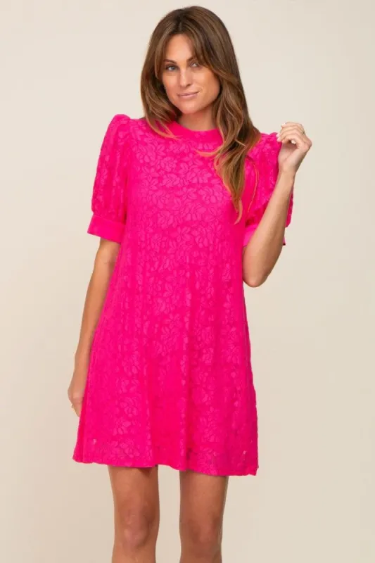 Fuchsia Lace Short Sleeve Satin Tie Dress sold by Pinkblush