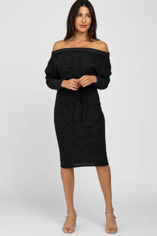 Black Brushed Knit Off Shoulder Dress sold by Pinkblush