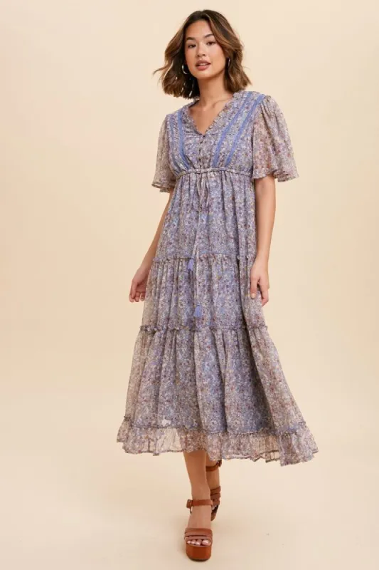 Blue Floral Button Top Ruffle Tiered Midi Dress sold by Pinkblush