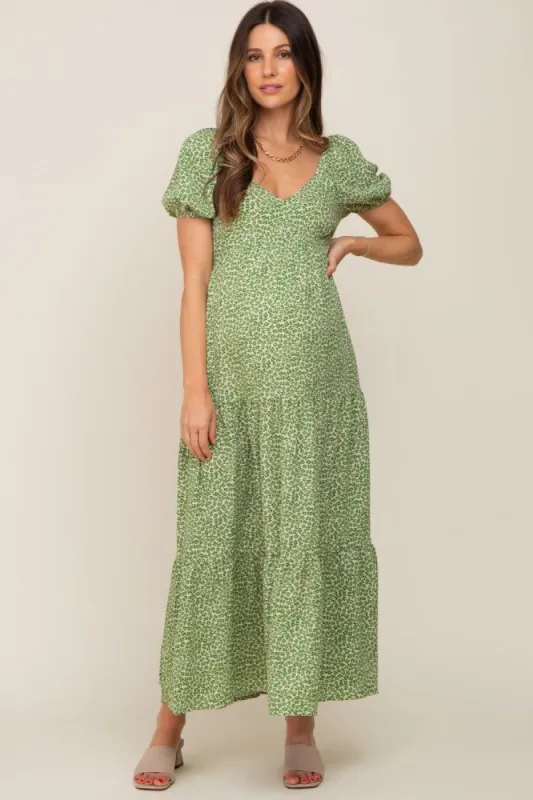 Green Floral Puff Sleeve Maternity Maxi Dress sold by Pinkblush