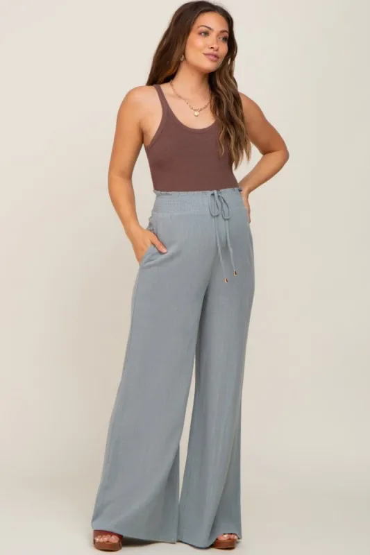 Sage Smocked Waist Wide Leg Linen Maternity Pants sold by Pinkblush