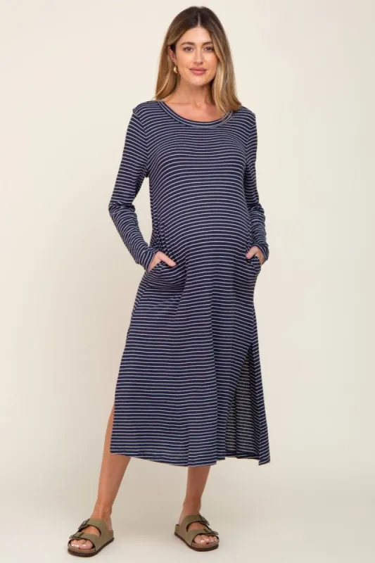 Navy Striped Side Slit Maternity Midi Dress sold by Pinkblush