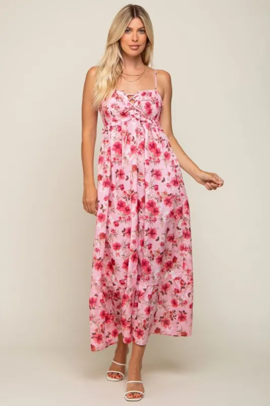 Pink Floral Lace-Up Front Smocked Maxi Dress sold by Pinkblush
