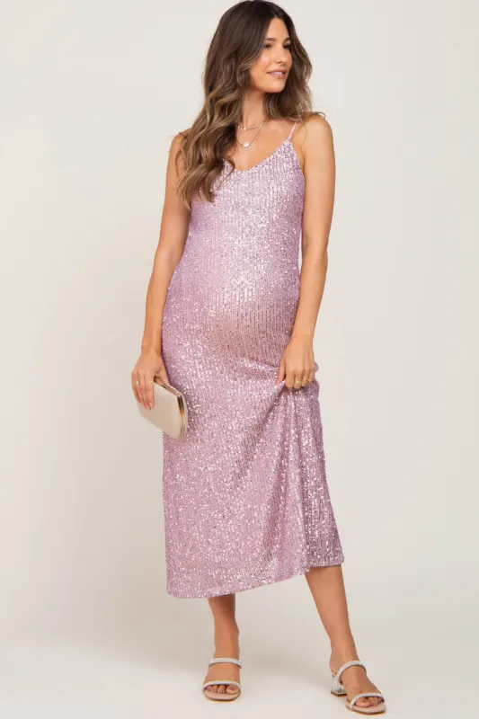 Pink V-Neck Sequin Maternity Midi Dress sold by Pinkblush