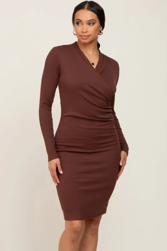 Brown Ribbed Ruched Wrap Dress sold by Pinkblush