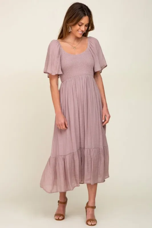 Mauve Smocked Ruffle Hem Maxi Dress sold by Pinkblush
