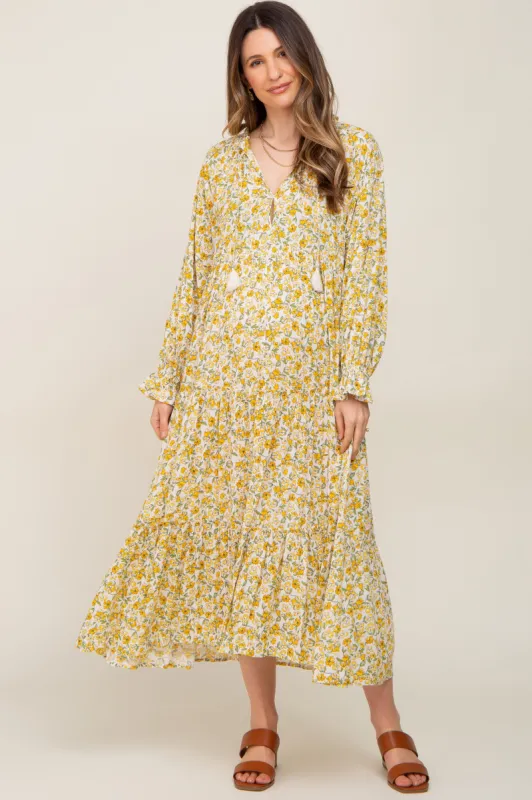 Yellow Floral Front Tie Long Sleeve Tiered Maternity Midi Dress sold by Pinkblush