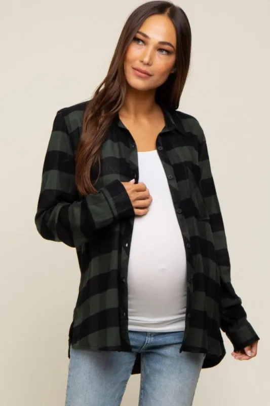 Forest Green Checkered Maternity Long Sleeve Button Down Top sold by Pinkblush