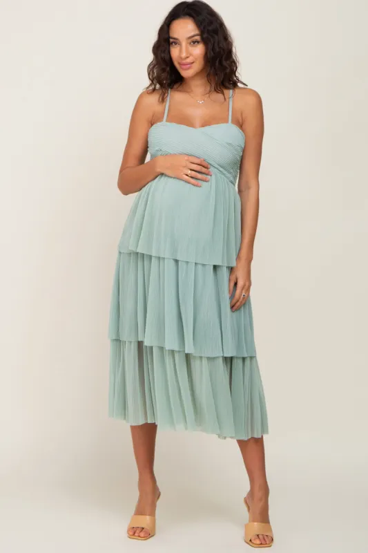 Mint Green Pleated Tiered Maternity Midi Dress sold by Pinkblush