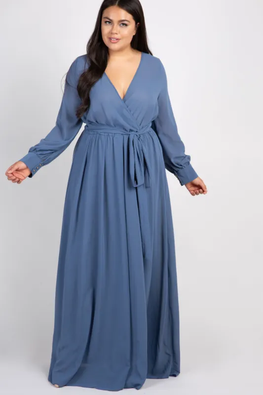Blue Chiffon Long Sleeve Pleated Plus Maxi Dress sold by Pinkblush
