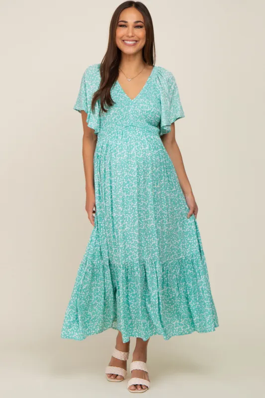 Jade Floral Smocked V-Neck Flutter Short Sleeve Maternity Midi Dress sold by Pinkblush