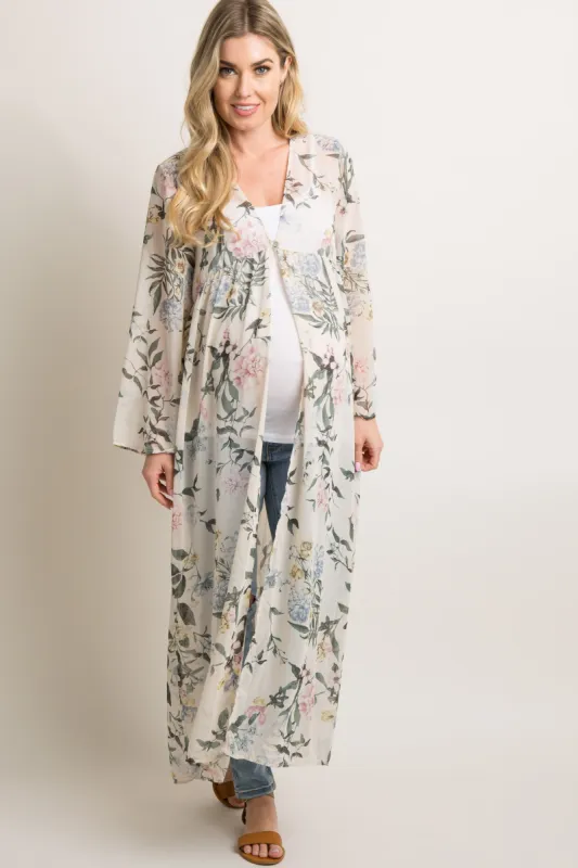 Cream Floral Button Up Long Maternity Cover Up sold by Pinkblush