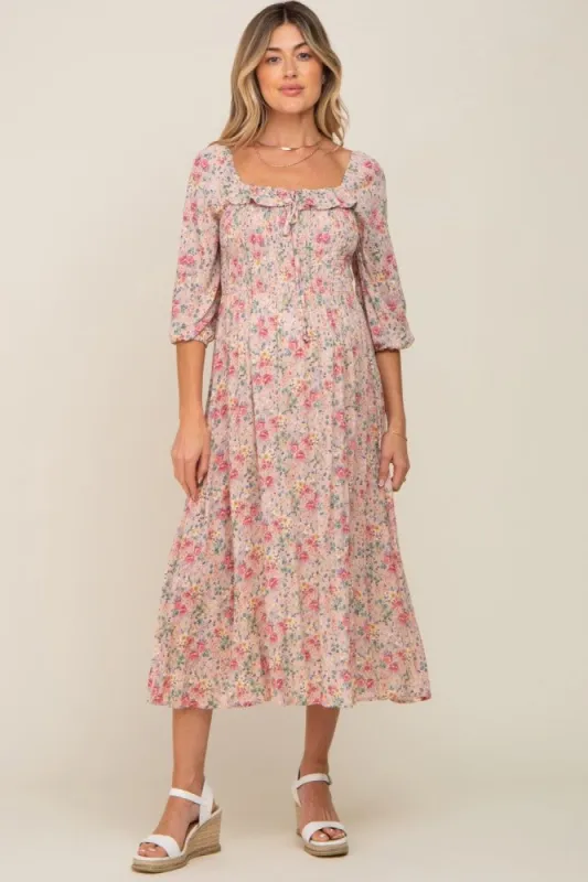 Light Pink Floral Smocked Half Sleeve Maternity Midi Dress sold by Pinkblush