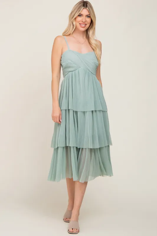 Mint Green Pleated Tiered Midi Dress sold by Pinkblush