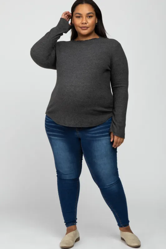 Charcoal Soft Ribbed Long Sleeve Maternity Plus Top sold by Pinkblush