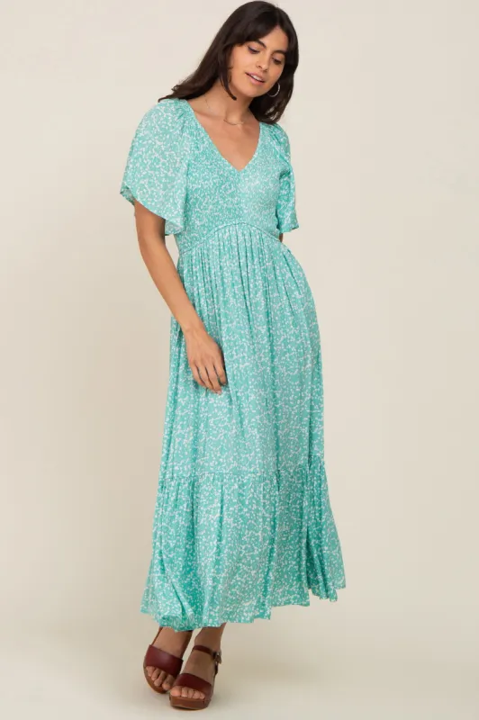 Jade Floral Smocked V-Neck Flutter Short Sleeve Midi Dress sold by Pinkblush