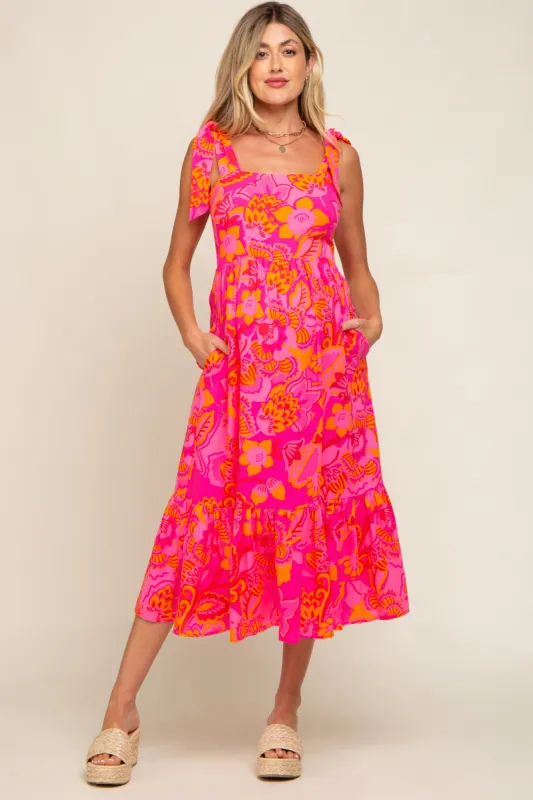 Orange Floral Shoulder Tie Maternity Midi Dress sold by Pinkblush