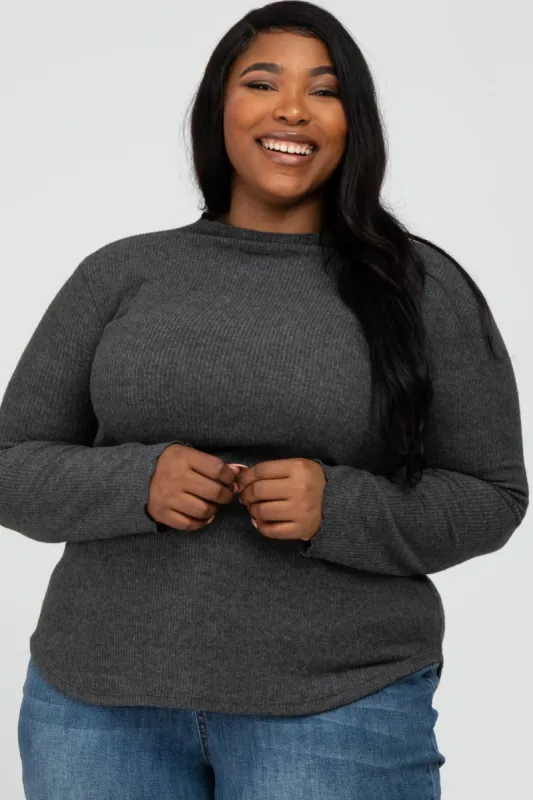 Charcoal Soft Ribbed Long Sleeve Plus Top sold by Pinkblush