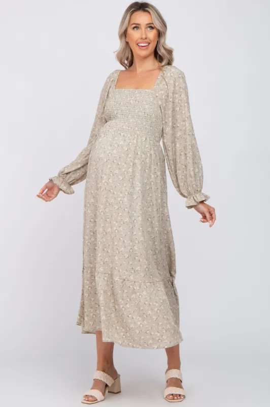 Light Olive Floral Square Neck Maternity Midi Dress sold by Pinkblush