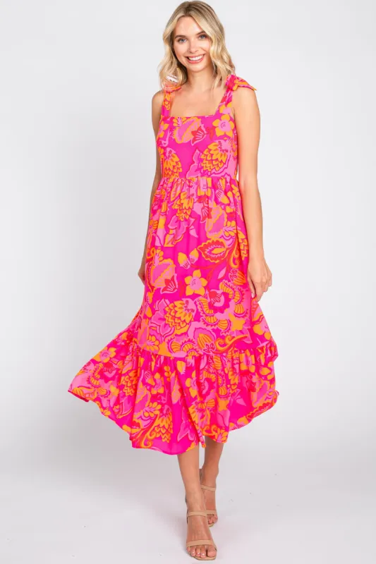 Orange Floral Shoulder Tie Midi Dress sold by Pinkblush