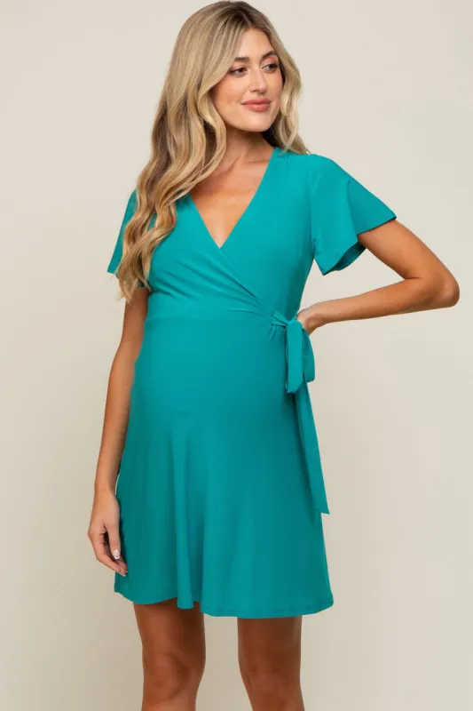 Teal Wrap V-Neck Short Sleeve Maternity Dress sold by Pinkblush