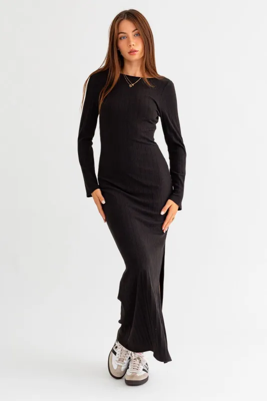 Black Rib Knit Long Sleeve Maxi Dress sold by Pinkblush