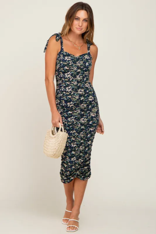 Navy Floral Ruched Shoulder Tie Dress sold by Pinkblush