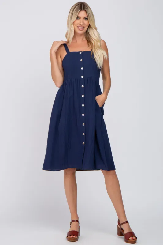 Navy Button Front Midi Dress sold by Pinkblush