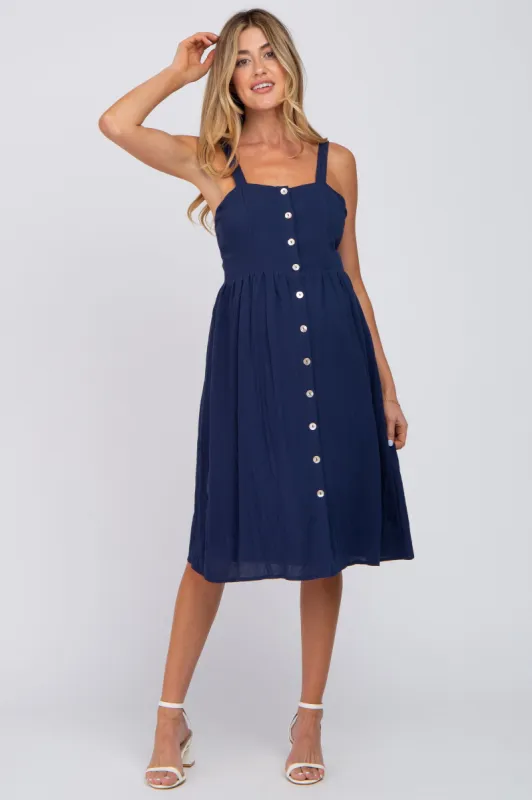 Navy Button Front Maternity Midi Dress sold by Pinkblush