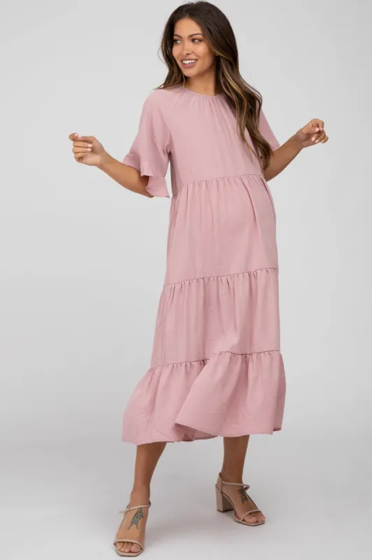 Mauve Tiered Ruffle Sleeve Maternity Midi Dress sold by Pinkblush