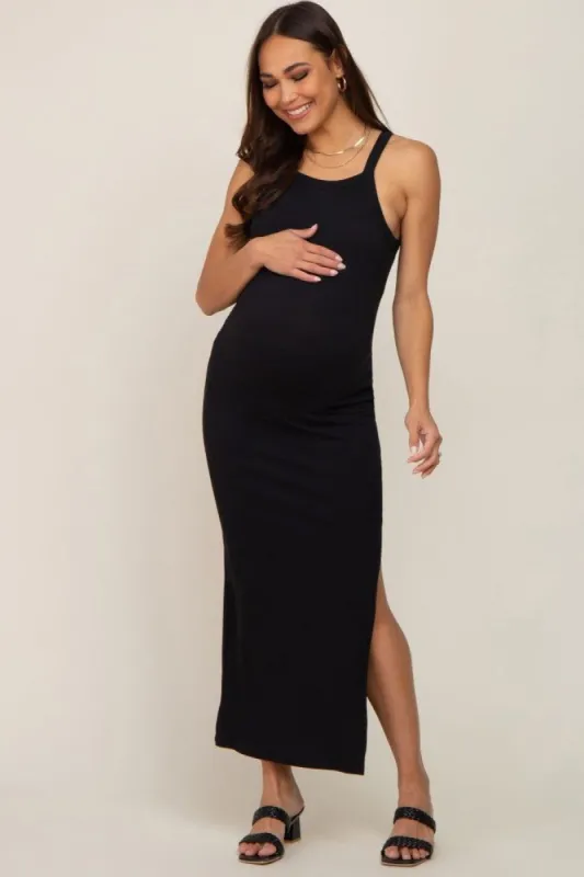 Black Ribbed Fitted Side Slit Maternity Midi Dress sold by Pinkblush