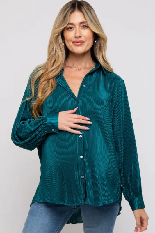 Teal Plisse Button Up Long Sleeve Maternity Top sold by Pinkblush