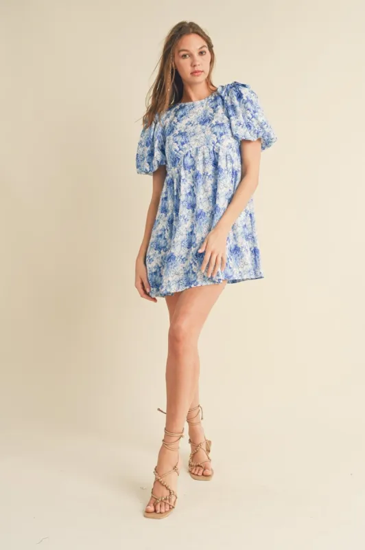 Blue Floral Puff Sleeve Shoulder Tie Babydoll Dress sold by Pinkblush