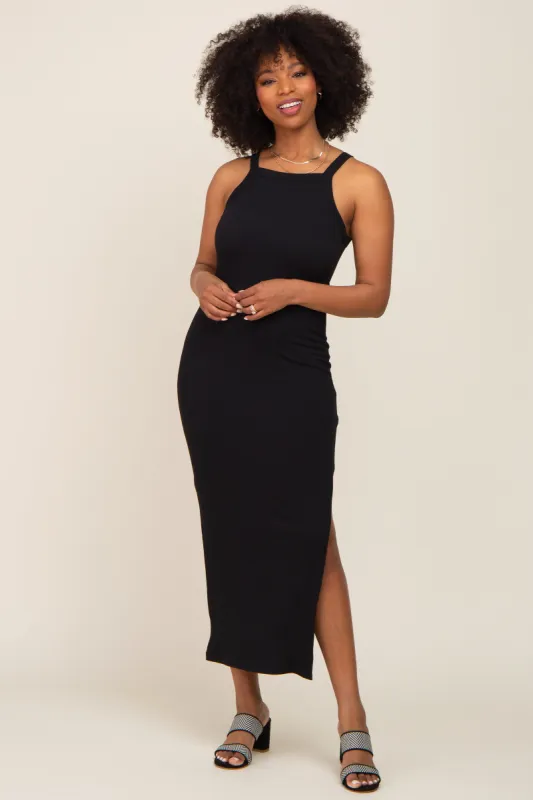 Black Ribbed Fitted Side Slit Midi Dress sold by Pinkblush