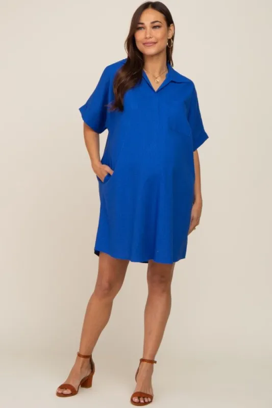 Royal Blue Linen Collared Front Pocket Short Sleeve Maternity Dress sold by Pinkblush