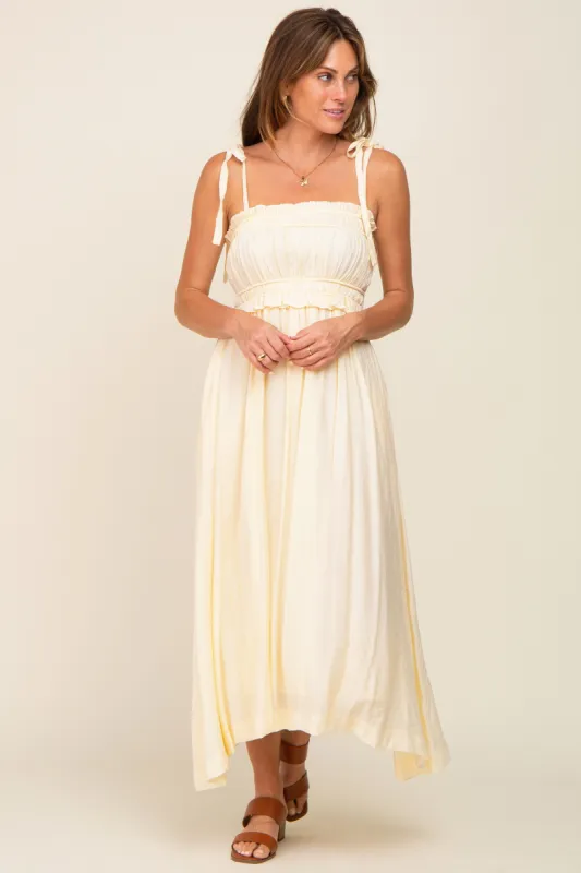 Cream Shirred Shoulder Tie Midi Dress sold by Pinkblush