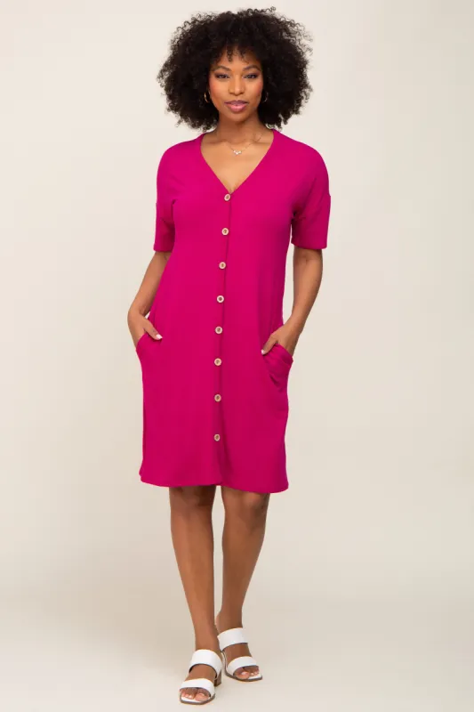 Magenta Button Accent Short Sleeve Dress sold by Pinkblush