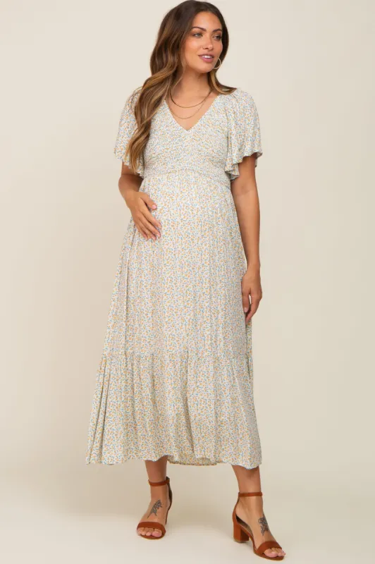 Ivory Floral Smocked Maternity Midi Dress sold by Pinkblush