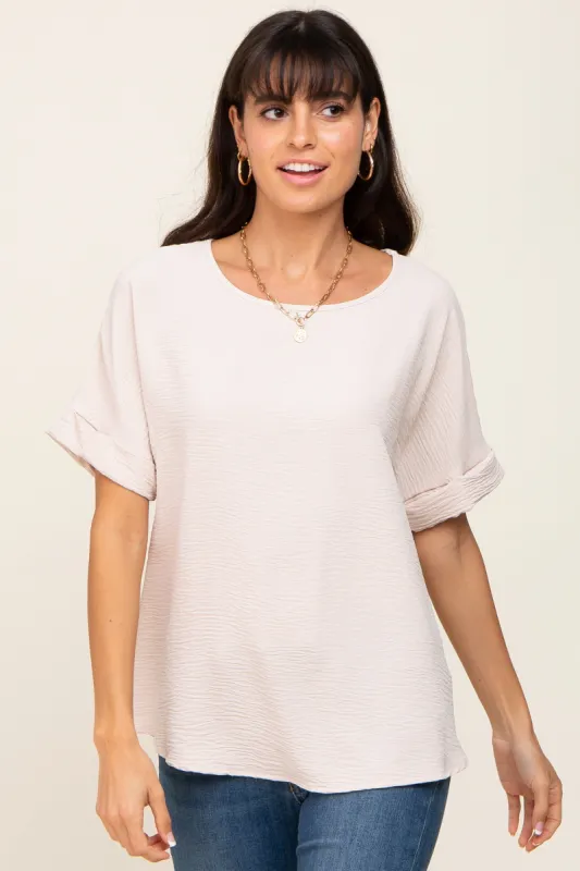 Beige Rolled Cuff Short Sleeve Blouse sold by Pinkblush