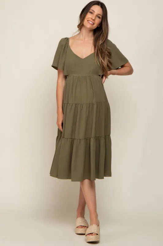 Olive Tiered Criss Cross Back Maternity Midi Dress sold by Pinkblush