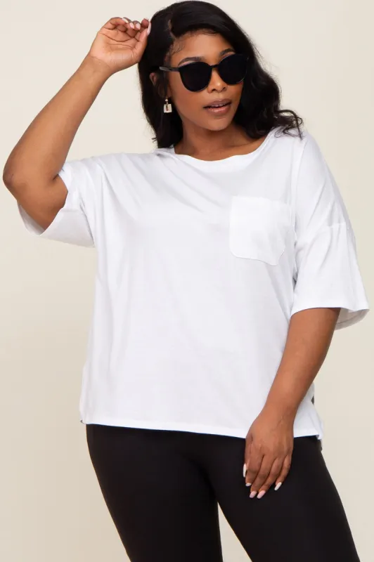 White Short Sleeve Pocketed Plus Top sold by Pinkblush