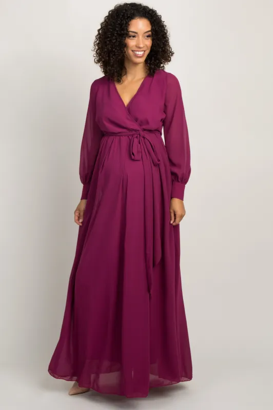Magenta Chiffon Long Sleeve Pleated Maternity Maxi Dress sold by Pinkblush