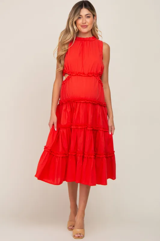 Red Tiered Ruffle Cutout Maternity Midi Dress sold by Pinkblush