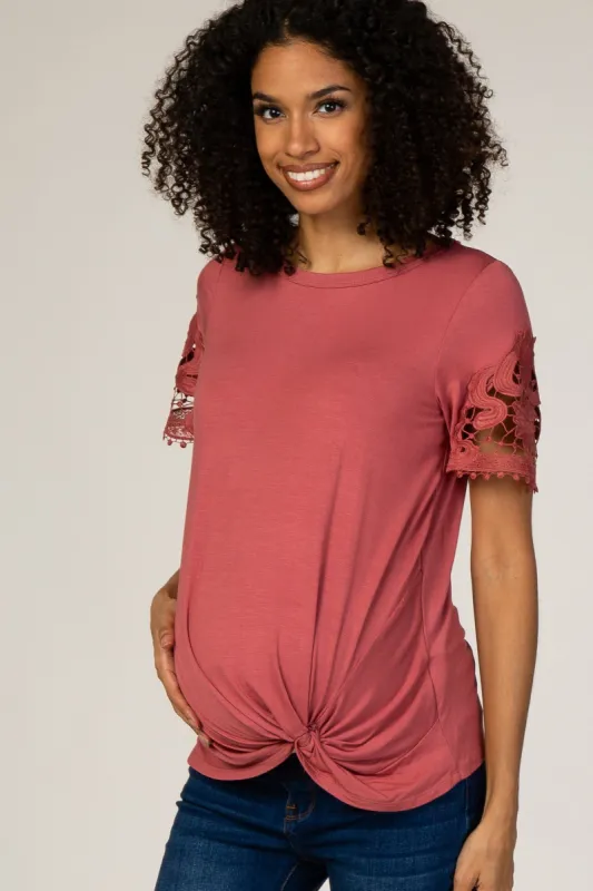 Rust Crochet Sleeve Knotted Hem Maternity Top sold by Pinkblush