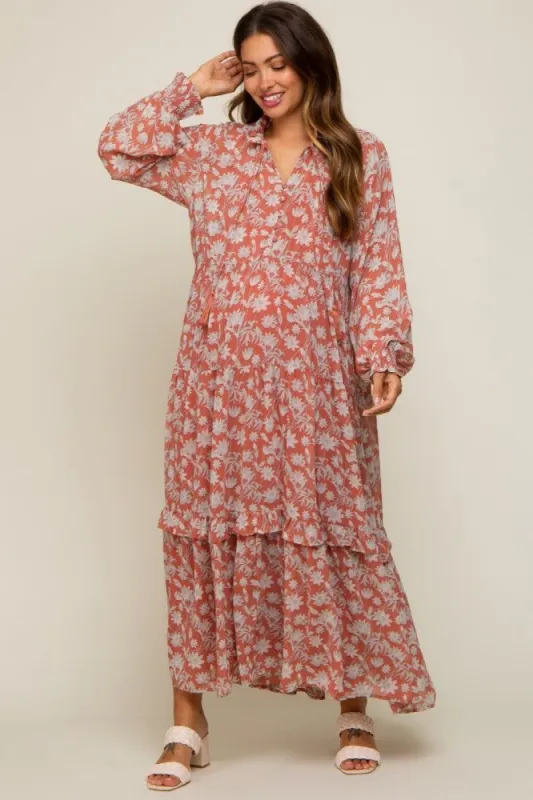 Rust Floral Chiffon Ruffle Trim Button Front Long Sleeve Maternity Midi Dress sold by Pinkblush