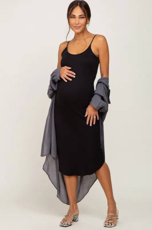 Black Ribbed Sleeveless Curved Hem Maternity Midi Dress sold by Pinkblush