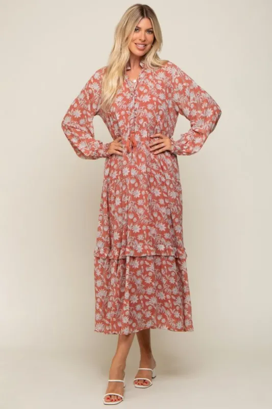 Rust Floral Chiffon Ruffle Trim Button Front Long Sleeve Midi Dress sold by Pinkblush