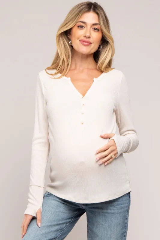 Cream Rib Knit Button Accent Maternity Long Sleeve Top sold by Pinkblush