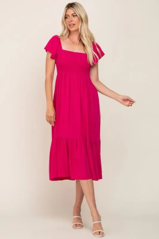 Fuchsia Smocked Ruffle Hem Midi Dress sold by Pinkblush