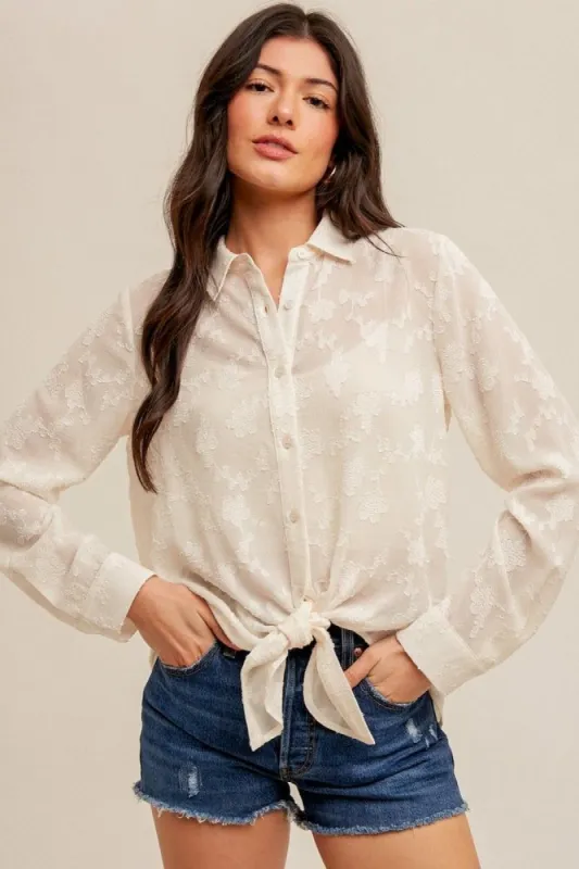 Cream Tie Waist Chiffon Jacquard Button Down Blouse sold by Pinkblush